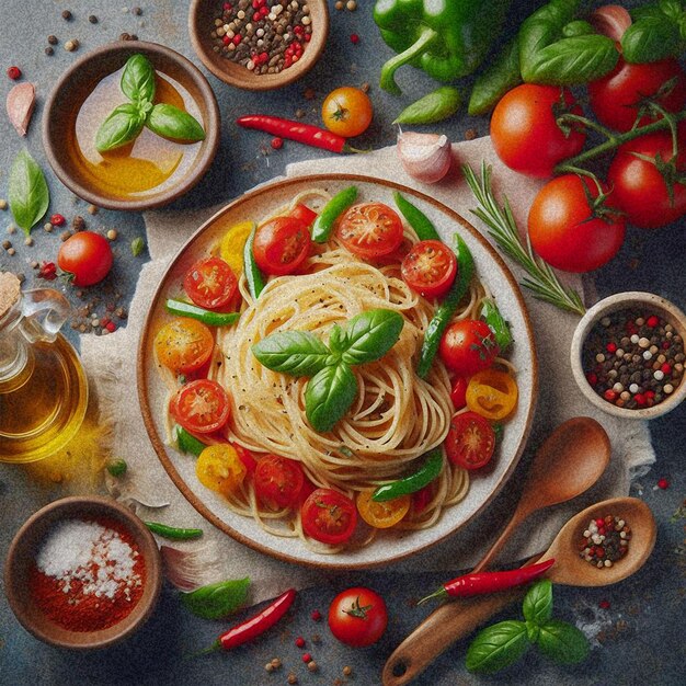 Foto tekening van een bord spaghetti en een kom pasta