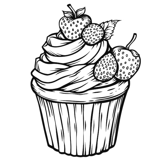tekening van een cupcake met fruit erop