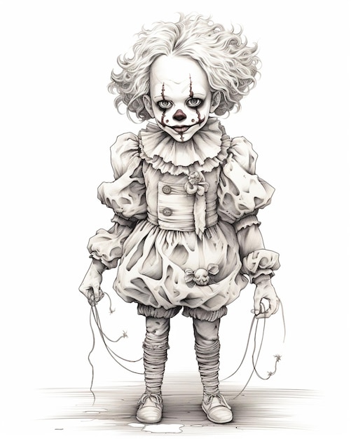 tekening van een griezelige clown met een touw in zijn hand generatieve ai