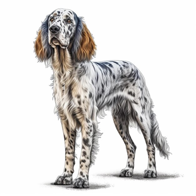 tekening van een hond met een lange staart die voor een witte achtergrond staat