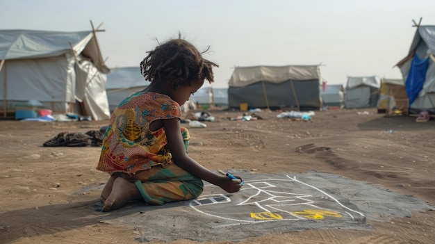 Tekening van een huis op de grond door een kind in een vluchtelingenkamp dat naar normaliteit verlangt Wereldvluchtelingendag