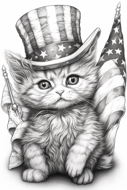 Tekening van een kat met een hoge hoed en een vlag generatieve ai