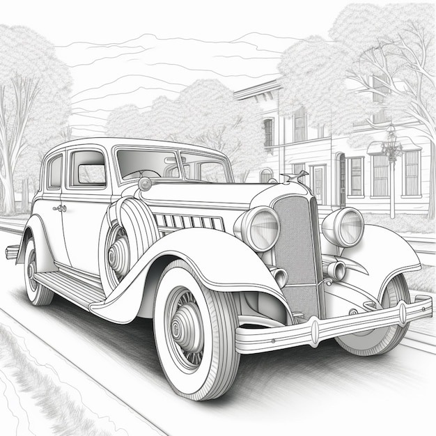 Foto tekening van een klassieke auto op een straat met een huis op de achtergrond generatieve ai