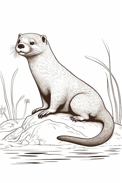 Foto tekening van een kleine otter die op een rots in het water zit generatieve ai