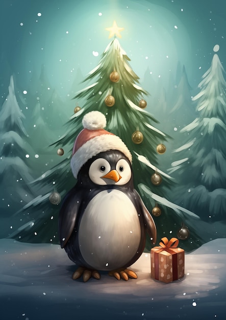 Tekening van een kleine pinguïn op de achtergrond van een kerstboom