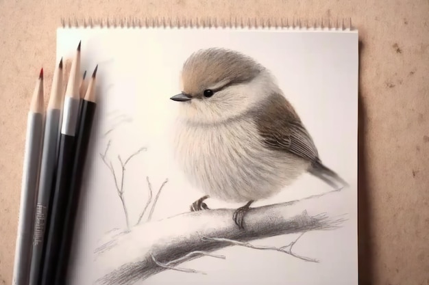 Tekening van een kleine vogel die op een tak in de sneeuw zit Gemaakt met generatieve AI-technologie