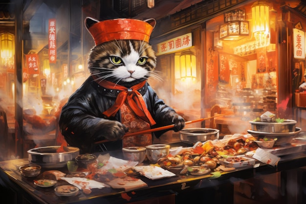 Foto tekening van een kokkat in een aziatisch land die eten bereidt op straat