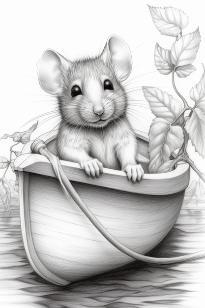 tekening van een muis in een boot met bladeren aan de zijkant generatieve ai