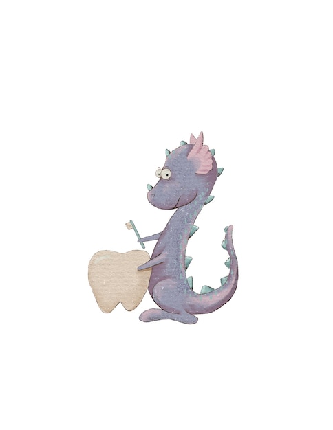 Tekening van een paarse schattige draak die zijn tanden poetst, een draak is een tandarts, een gezond kindert-shirt