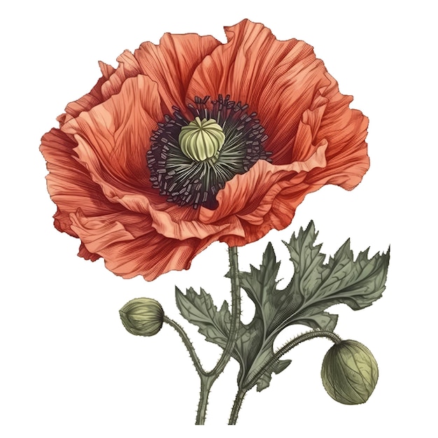 Tekening van een rode papaver met groene bladeren