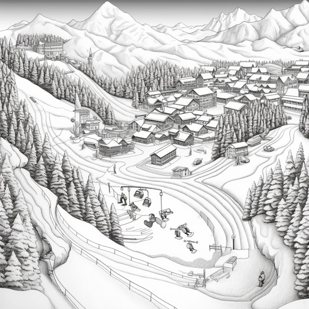 Tekening van een skigebied met een skilift en een skilift generatieve ai