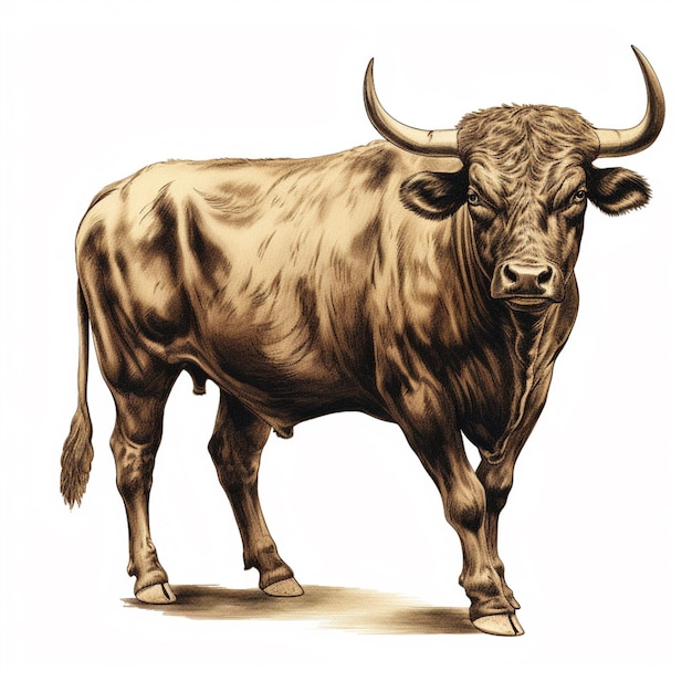 tekening van een stier met hoorns die in een veld staat generatieve ai