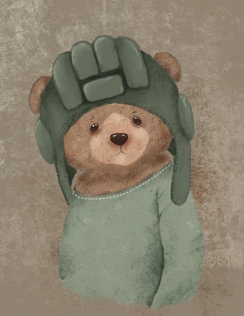 Tekening van een teddybeer in militair uniform, vredeshandhaver