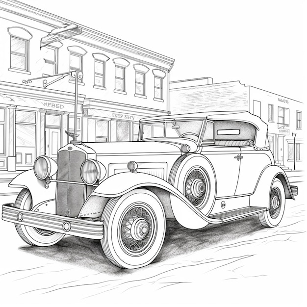 Foto tekening van een vintage auto geparkeerd voor een gebouw generatieve ai