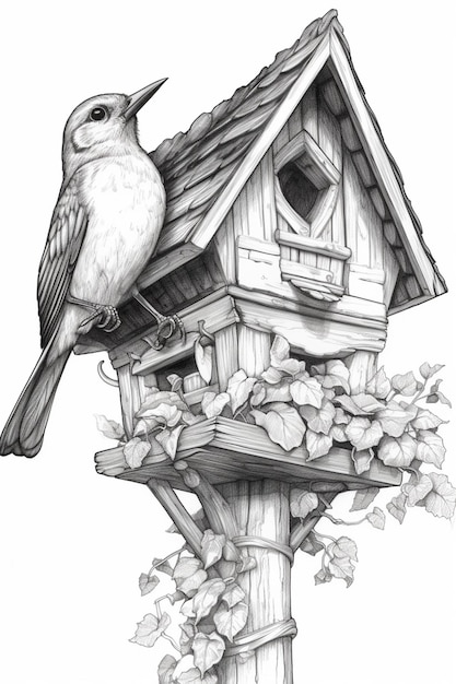 tekening van een vogelhuisje met een vogel erop generatieve ai