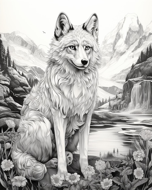 Tekening van een vos in de bergen