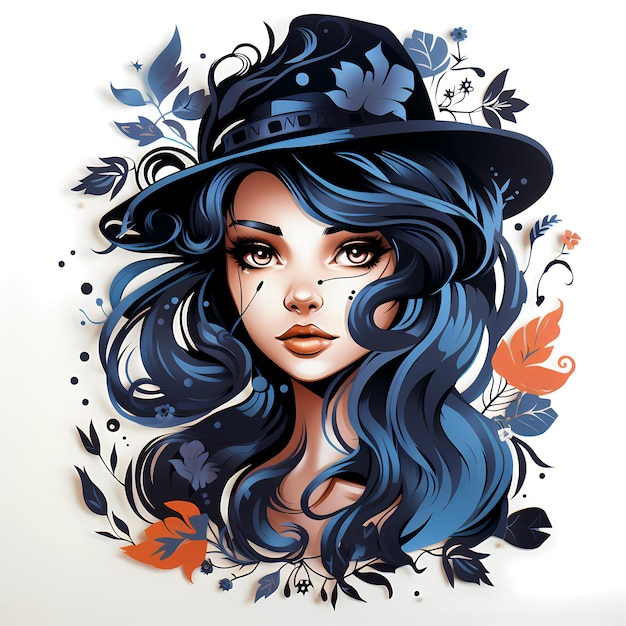 Tekening van een vrouw met blauw haar en hoed Generatieve AI