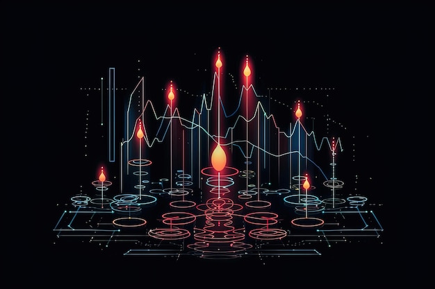 Tekening van enkele abstracte kaarsen met fluorescerende lijnen en een zwarte achtergrond Generatieve AI