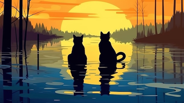 tekening van twee katten in een vijver bij zonsondergang of zonsopgang