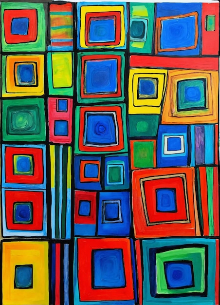 Tekening van vierkanten in de stijl van Hundertwasser met acrylverf Tekening