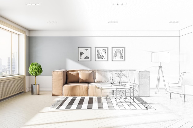 Tekening woonkamer interieur met sofa