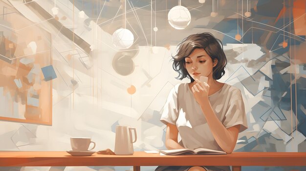 Tekeningen van een vrouw die geniet van een rustig moment in een café