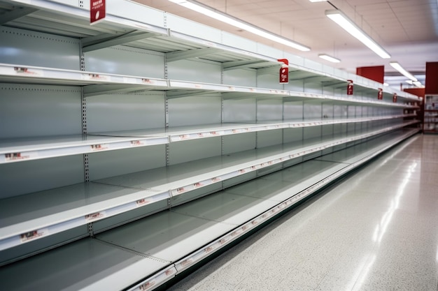 Tekort aan goederen en voedseltekortconcept Lege schappen in de supermarkt Verstoring van de toeleveringsketen als gevolg van oorlog en sancties