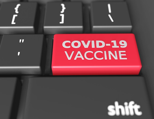 Tekst covid-19 vaccin op computertoetsenbord. vaccinatie coronavirus concept. 3d-rendering