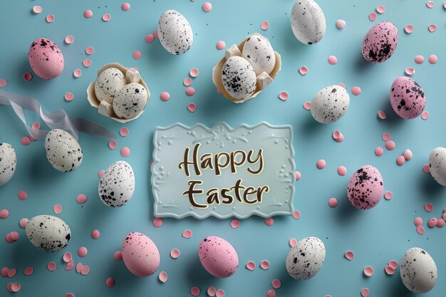 tekst gelukkig Pasen en pastelkleurige eieren op blauw ai gegenereerd