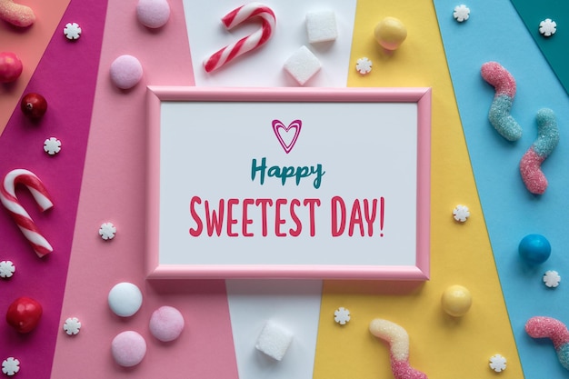 Tekst Happy Sweetest day in roze frame Groot hart lolly pop diverse snoepjes chocolaatjes zoetwaren op veelkleurig gelaagd papier Plat lag bovenaanzicht Sweetest day vakantie groet ontwerp