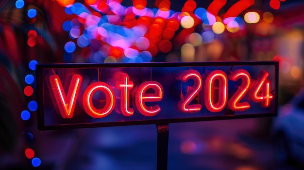 Tekst Stem 2024 met gloeiende rode en blauwe lichten onduidelijke achtergrond