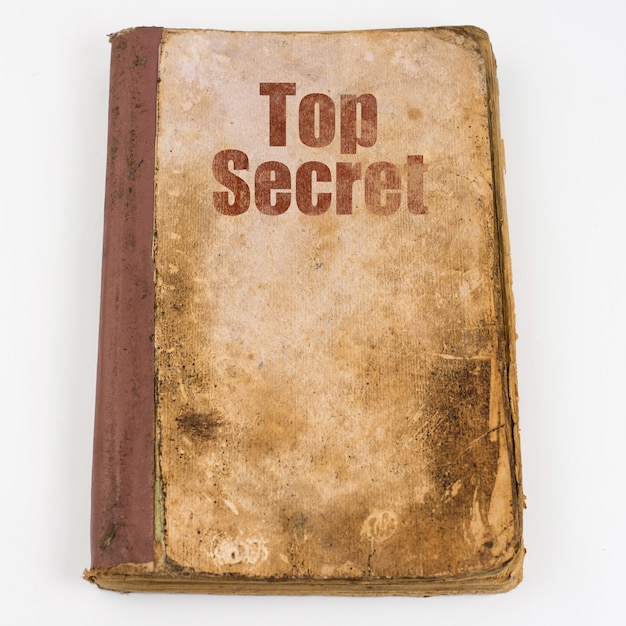 Tekst Top Secret Geschreven op oud vuil boek. Bovenaanzicht.