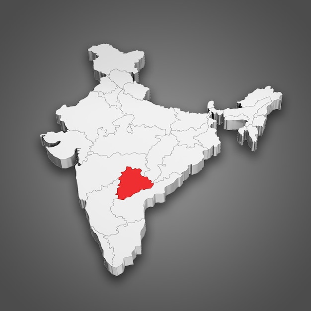 インドの地図内のテランガナ州の位置 3Dイラスト