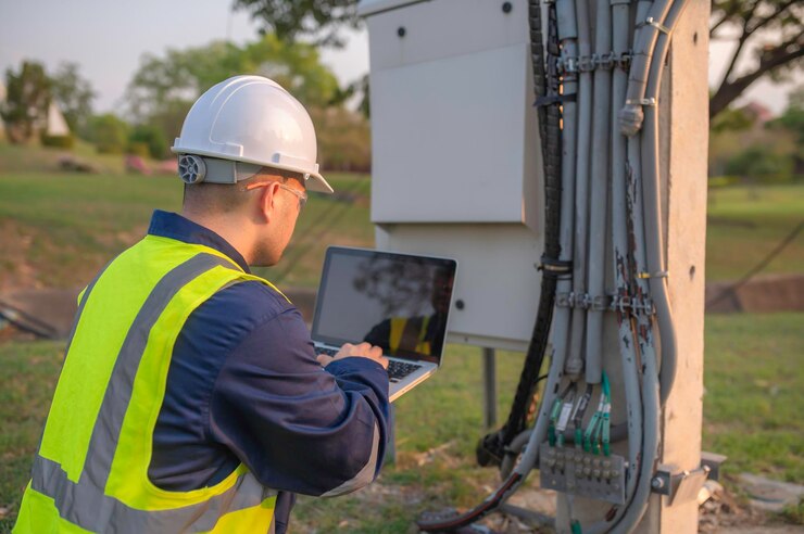 Telecommunicatie ingenieurs werken bij mobiele torens voor 5G mobiele telefoonsignalen Netwerktoren onderhoudstechnici