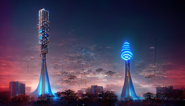 Telecommunicatietorens met verlichting in nachtstad