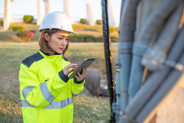 通信エンジニアは、5G 携帯電話信号用のセル タワーで作業しますネットワーク タワーの保守技術者