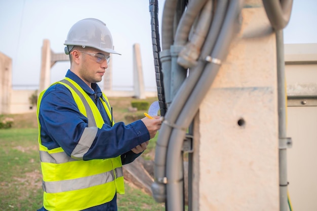 Telecommunication engineers work at cell towers for 5G cell phone signalsNetwork tower maintenance technicians