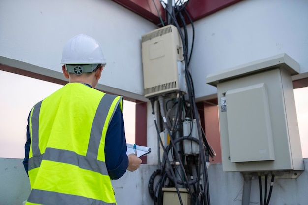 Telecommunication engineers work at cell towers for 5G cell phone signalsNetwork tower maintenance technicians