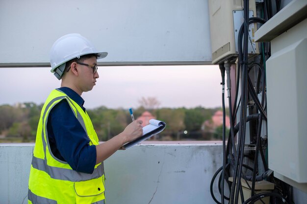 Telecommunication engineers work at cell towers for 5G cell phone signalsNetwork tower maintenance technicians