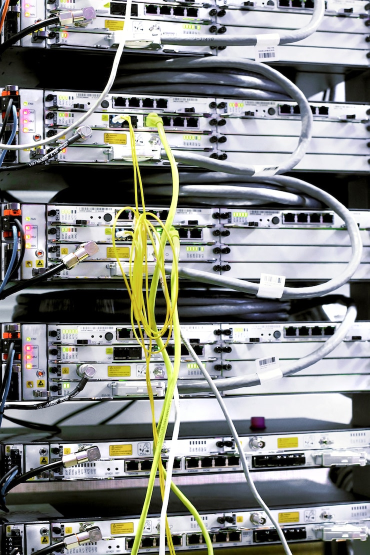 Photo telecommunication equipment of network cables in a datacenter of mobile operator.