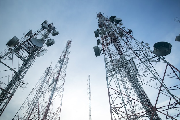 Telecommunication mast TV antennas with blue sky in the morning