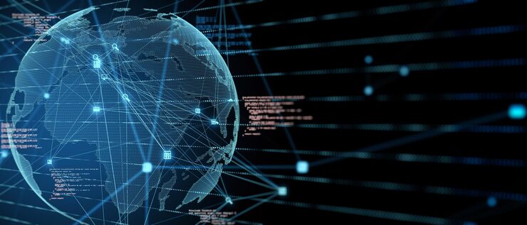 Photo telecommunication and stats data concept with glowing digital interface with world map coding numbers and abstract lines on abstract dark technological background 3d rendering mock up