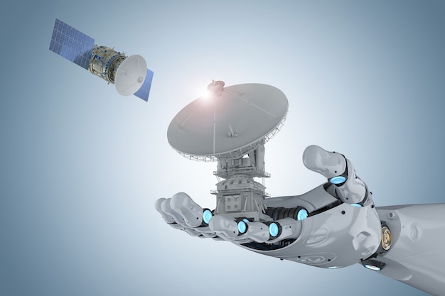 Telecommunication technology concept with 3d rendering robotic hand holding satellite dish