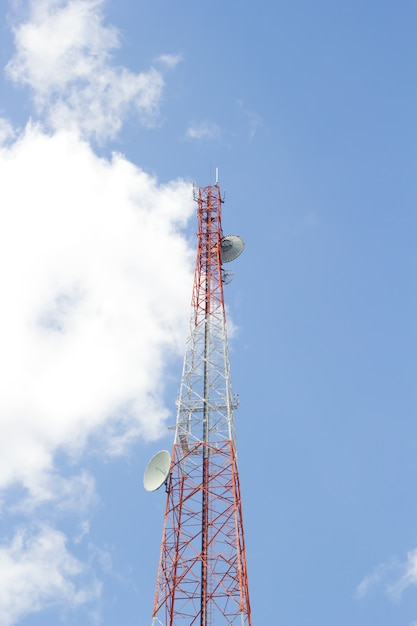 Telecommunication tower on blue sky blank background