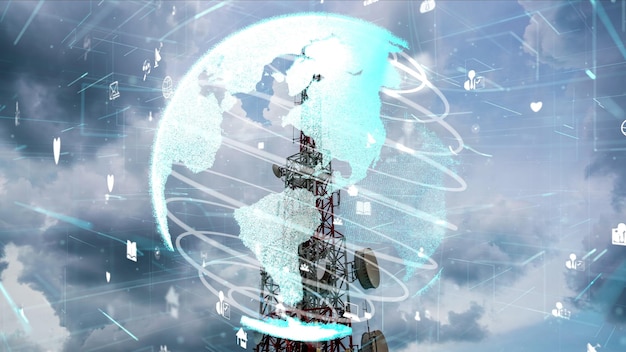 グローバルビジネス変革の3Dグラフィックを備えた通信塔