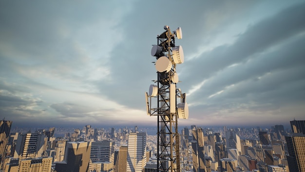 Telecommunication tower with 5G cellular network antenna on city background 3d render
