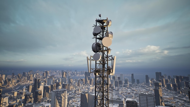 Telecommunication tower with 5G cellular network antenna on city background 3d render