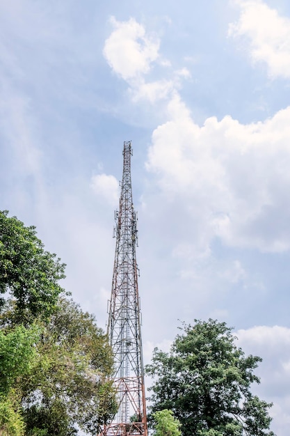 Telecommunication tower with a blue sky background