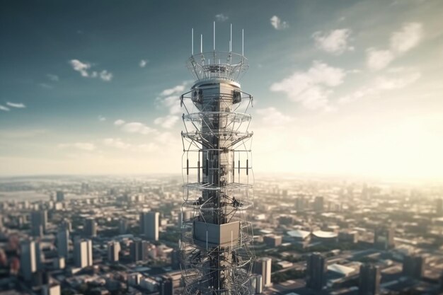 Telecommunication tower with blue sky and cityscape background generative ai