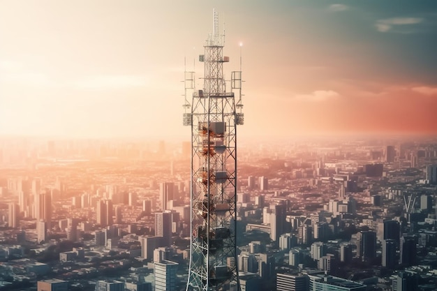 Telecommunication tower with blue sky and cityscape background generative ai